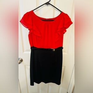Red and Black Midi Dress with Ruffled Sleeves